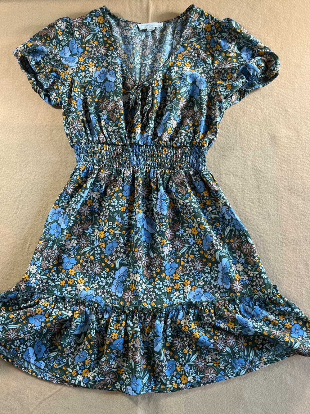 BeBop Floral Smocked Waist Dress Blue Green Yellow Brown Short Sleeve Boho